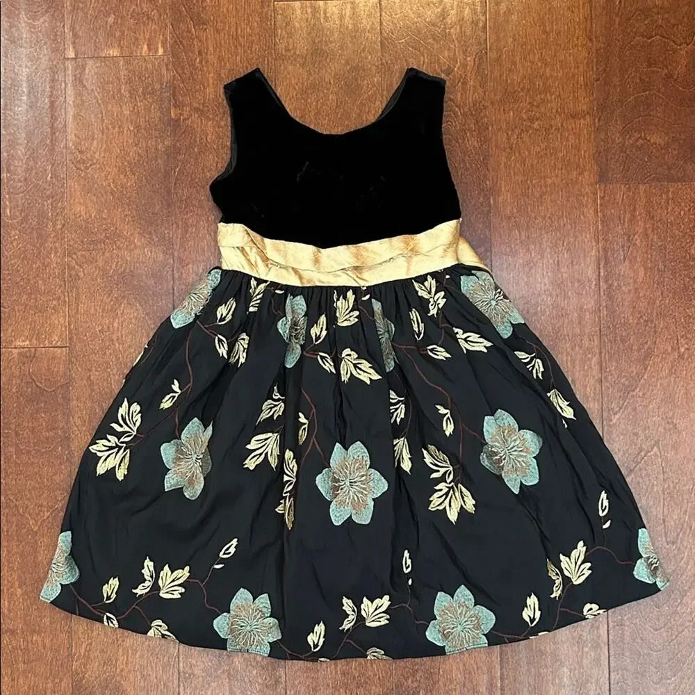 Dimples Girl’s Black Velvet Dress with Elegant Embroidered Design, Size 4